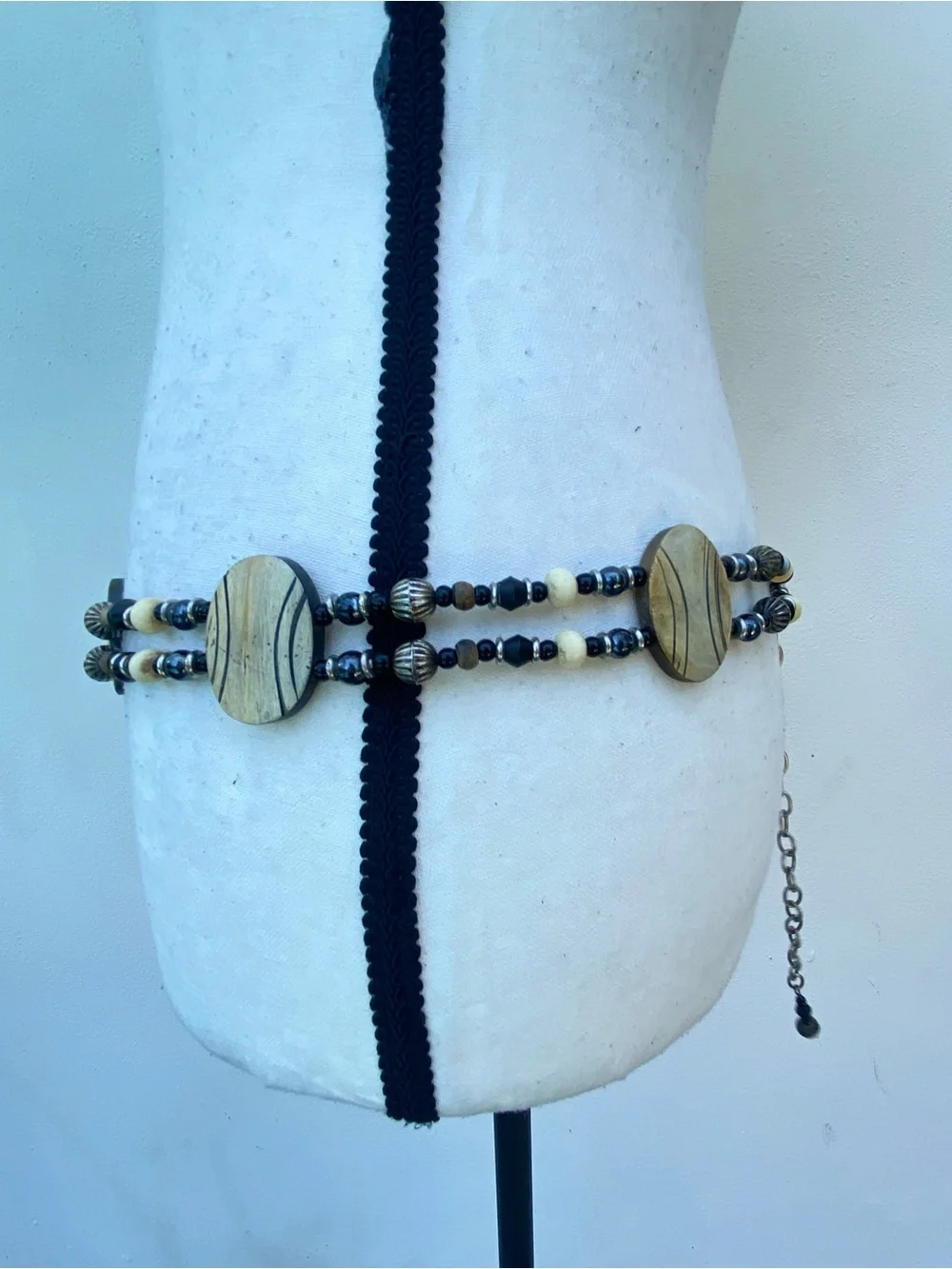 Y2K Black Tan & Cream Tribal Beaded Belt One Size